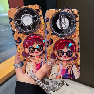适用华为mate70系列苹果16promax新款手机壳P70pro个性豹纹发财女孩带手链15promax全包镜头膜翻盖支架保护套