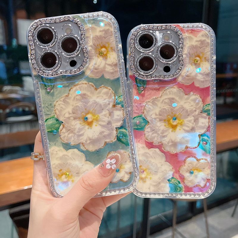 适用苹果系列iPhone16新款手机壳15pro14promax时尚国风山茶花13pro16promax扭边钻框闪钻镜头膜网红保护套