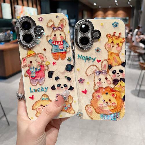 适用苹果系列iPhone16新款手机壳15promax/14promax卡通可爱Luck免子13/12半钻镜框加闪钻镜头膜网红保护套