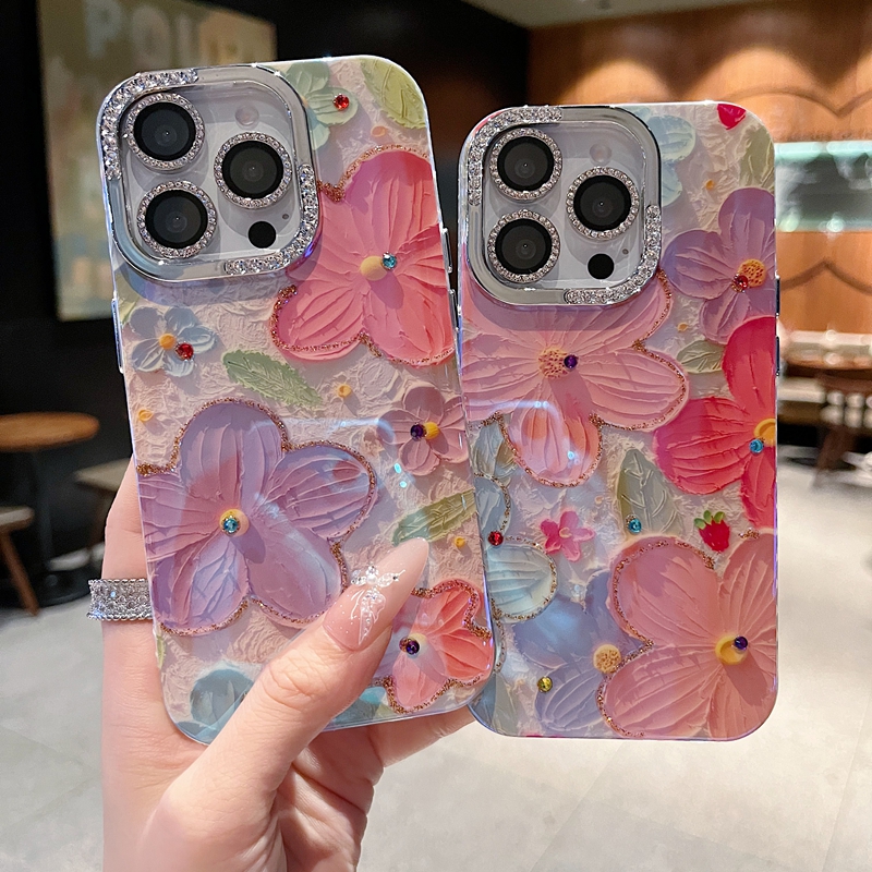适用苹果系列iPhone16新款手机壳15pro14promax唯美风草莓粉紫花13pro16promax钻石镜框闪钻镜头膜网红保护套