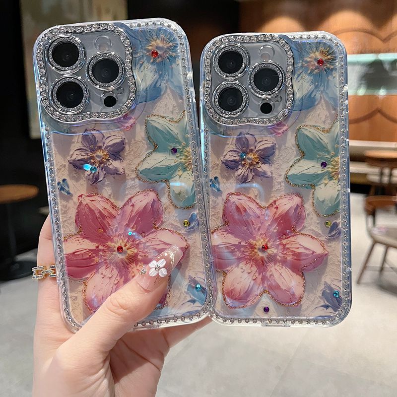 适用苹果系列iPhone16新款手机壳15pro14promax唯美油画马卡龙花13pro16promax扭边钻框闪钻镜头膜网红保护套