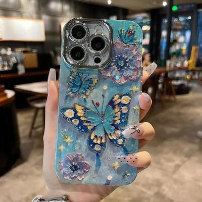 适用苹果系列iPhone15新款手机壳13pro创意复古ins风小众14promax蓝色白玫黄翅蝴蝶12/13/14全包网红保护套