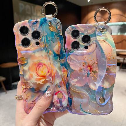 适用苹果系列iPhone16新款手机壳15pro14promax小众梦幻唯美樱花13pro16promax精孔腕带支架扭扭边防摔保护套