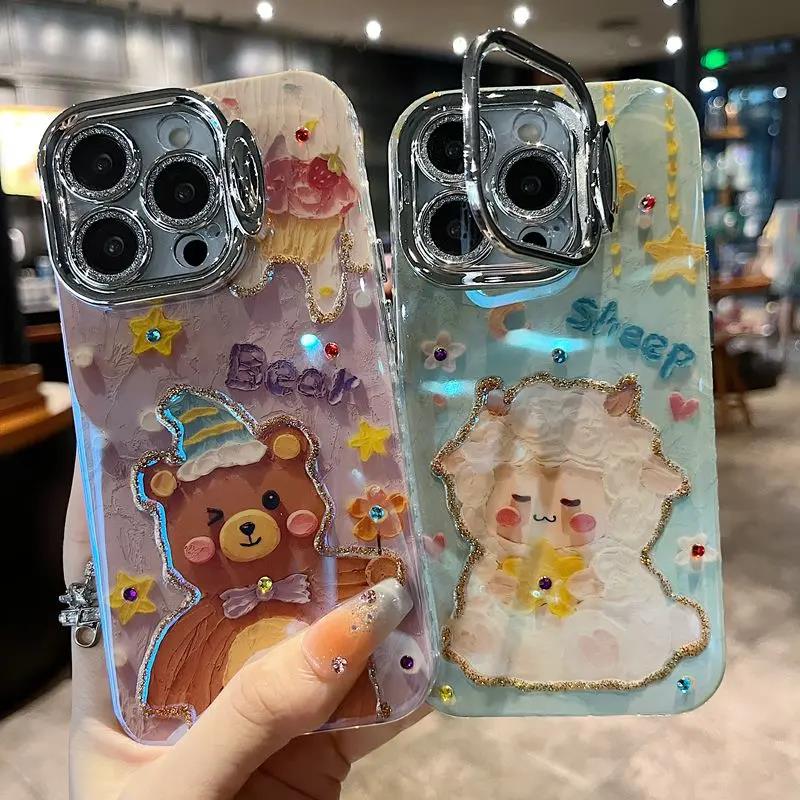 适用苹果系列iPhone15 手机壳14promax隐形支架创意卡通绵羊15promax带镜头膜防摔13/12散热保护套