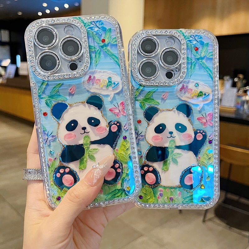 适用苹果系列iPhone16新款手机壳15pro14promax小众个性卡通熊猫13pro16promax满边钻框闪钻镜头膜时尚保护套