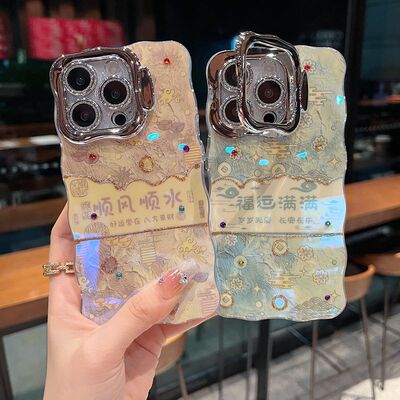 适用苹果系列iPhone16轻奢小众新款手机壳15promax/14promax顺风顺水隐形支架全包闪粉镜头膜女款网红保护套