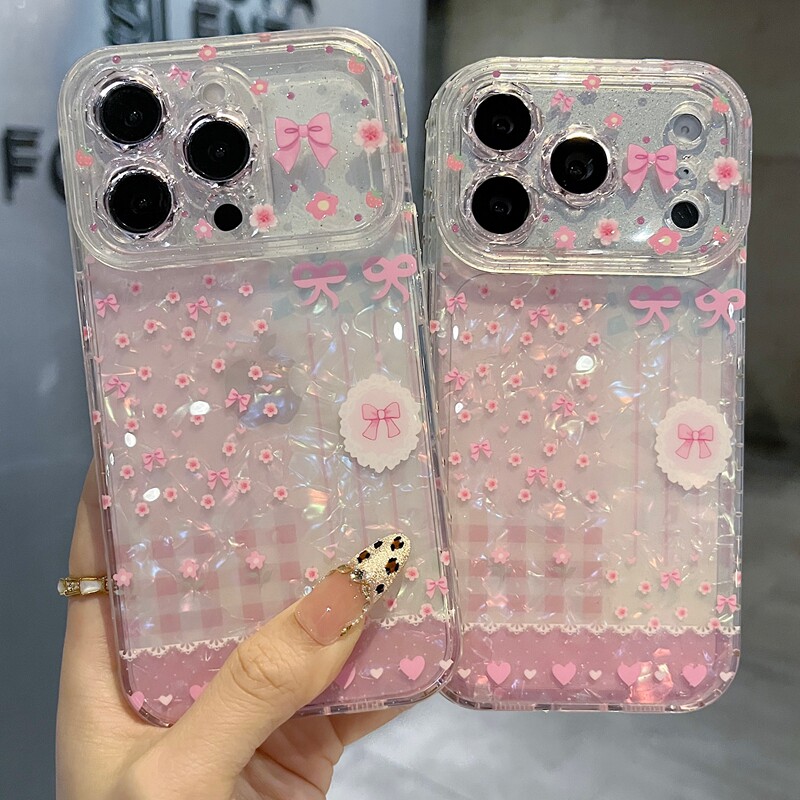 适用苹果系列iPhone17新款手机壳13pro/16promax时尚粉色彩贝拼格15pro/14promax全包闪粉花朵镜框网红保护套