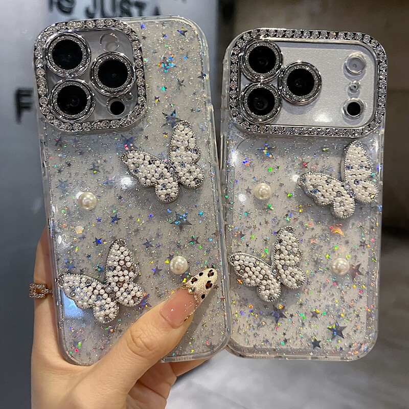 适用苹果系列iPhone17新款手机壳13pro/16promax时尚闪粉星蝴蝶15promax14promax全包满钻精孔镜框网红保护套