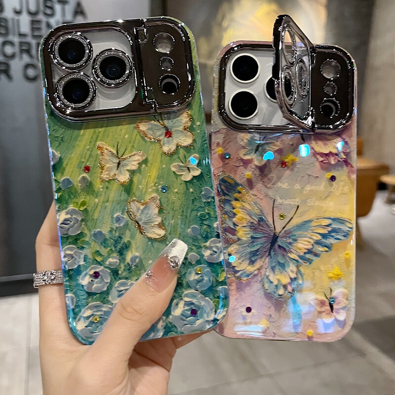 适用苹果系列iPhone17新款手机壳16promax14promax优雅风绿蝴蝶15promax13promax枪色精孔镜头支架网红保护套