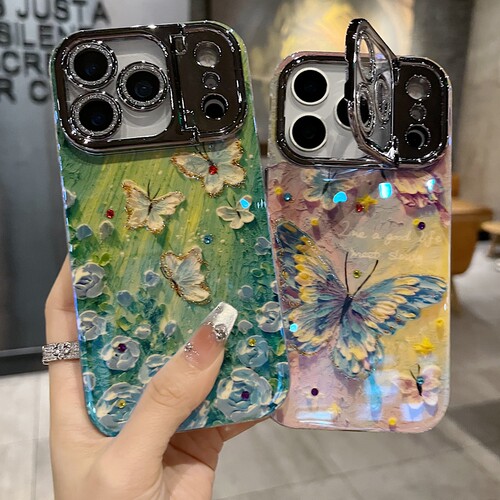 适用苹果系列iPhone17新款手机壳16promax14promax优雅风绿蝴蝶15promax13promax枪色精孔镜头支架网红保护套 - 封面