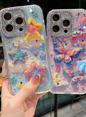 适用苹果系列iPhone16新款手机壳15pro14promax时尚优雅云朵蝴蝶13pro16promax扭边钻框闪钻镜头膜网红保护套