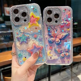 适用苹果系列iPhone16新款手机壳15pro14promax时尚优雅云朵蝴蝶13pro16promax扭边钻框闪钻镜头膜网红保护套