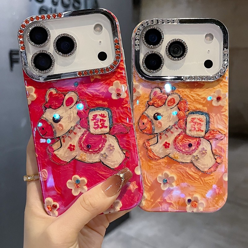 适用苹果系列iPhone 17新款手机壳16promax14promax卡通风红色小马13promax15promax半钻大孔透气ins风保护套
