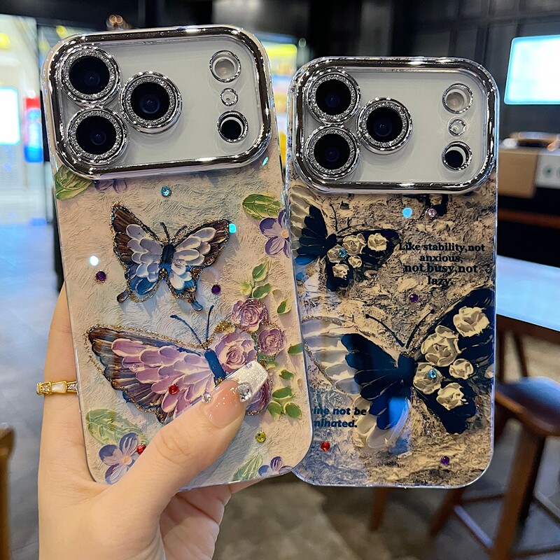 适用苹果系列iPhone17新款手机壳15pro16promax时尚白色玫瑰黑蝴蝶13pro14promax全包闪粉镜头防摔网红保护套