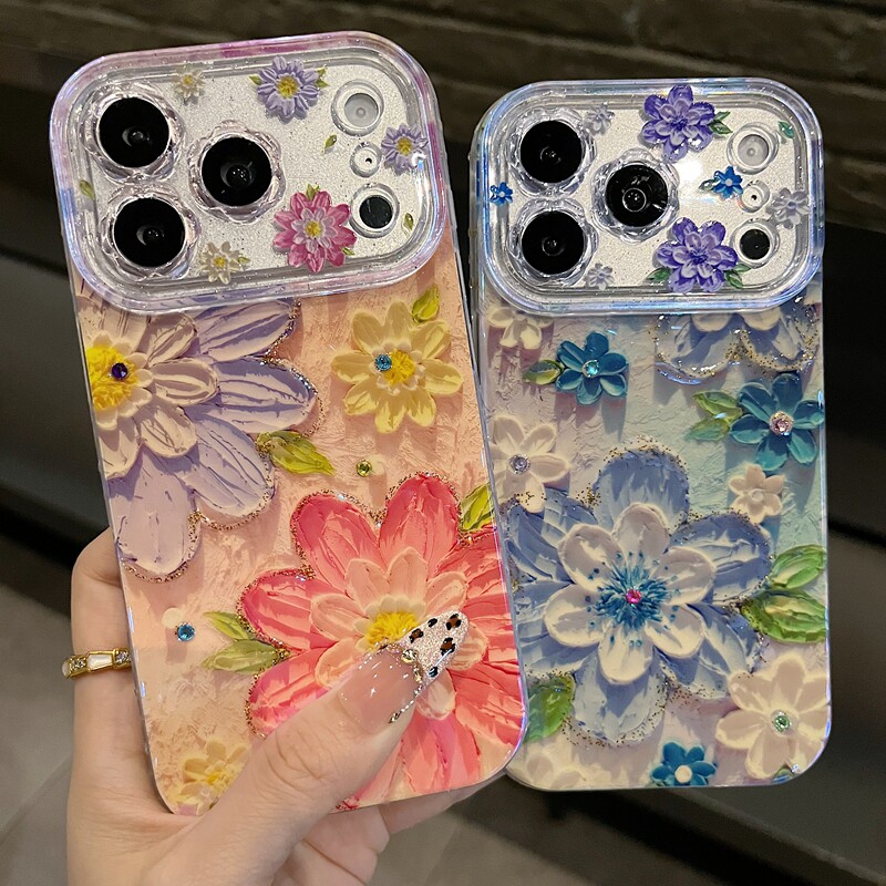 适用苹果系列iPhone17新款手机壳13pro/16promax油画风粉紫花卉15promax14promax全包花朵镜框网红女款保护套