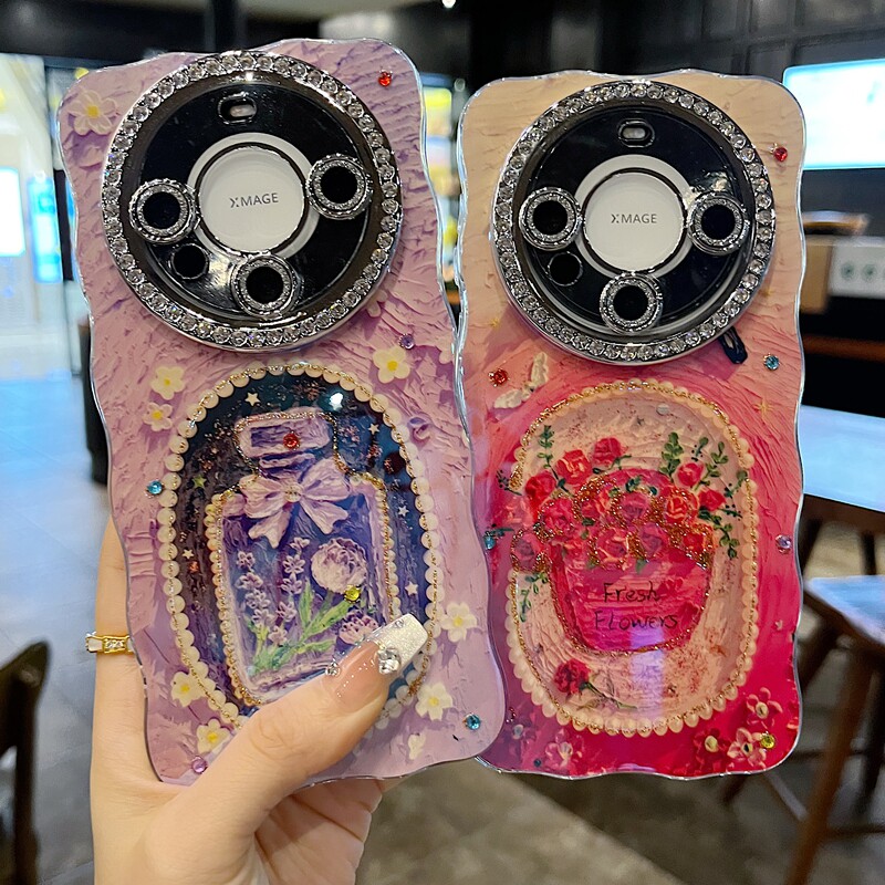 适用华为mate70系列苹果新款手机壳Pura80时尚ins紫色梦幻珍珠香水mate60pro全包满钻精孔镜头扭边网红保护套