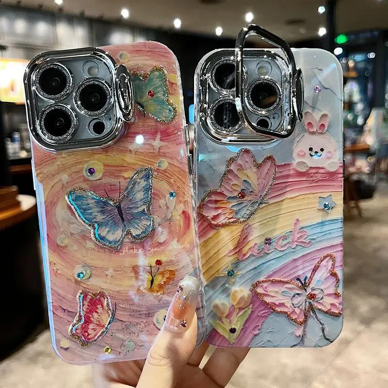 适用苹果系列iPhone15 手机壳14promax隐形支架复古高级光圈彩蝶15promax带镜头膜防摔13/12防摔散热保护套