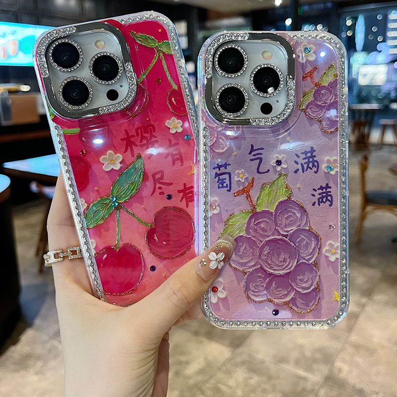 适用苹果系列iPhone16新款手机壳15pro14promax时尚个性油画樱桃13pro16promax钻石镜框闪钻镜头膜网红保护套
