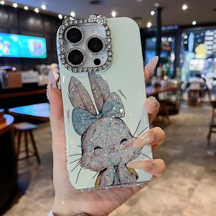 适用苹果系列iPhone16新款手机壳15/14promax唯美风卡通开心粉兔13/16promax猫耳型满边钻框闪钻镜头膜保护套