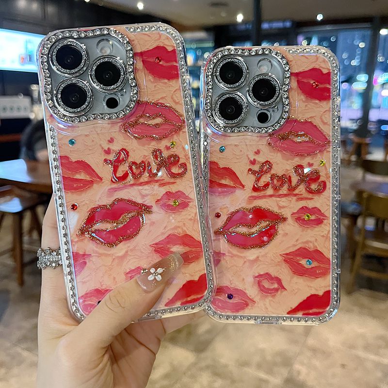 适用苹果系列iPhone16新款手机壳15pro14promax小众个性口红love13pro16promax扭边钻框闪钻镜头膜网红保护套