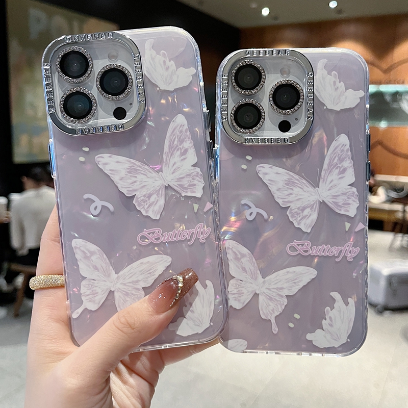 适用苹果系列iPhone16新款手机壳15pro14promax小众贝壳纹四只白蝴蝶13pro16promax闪砖电镀镜头膜网红保护套