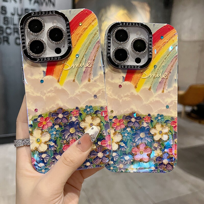 适用苹果系列iPhone17新款手机壳15promax14promax小众彩虹油画花海13pro/16promax闪砖电镀镜头膜网红保护套