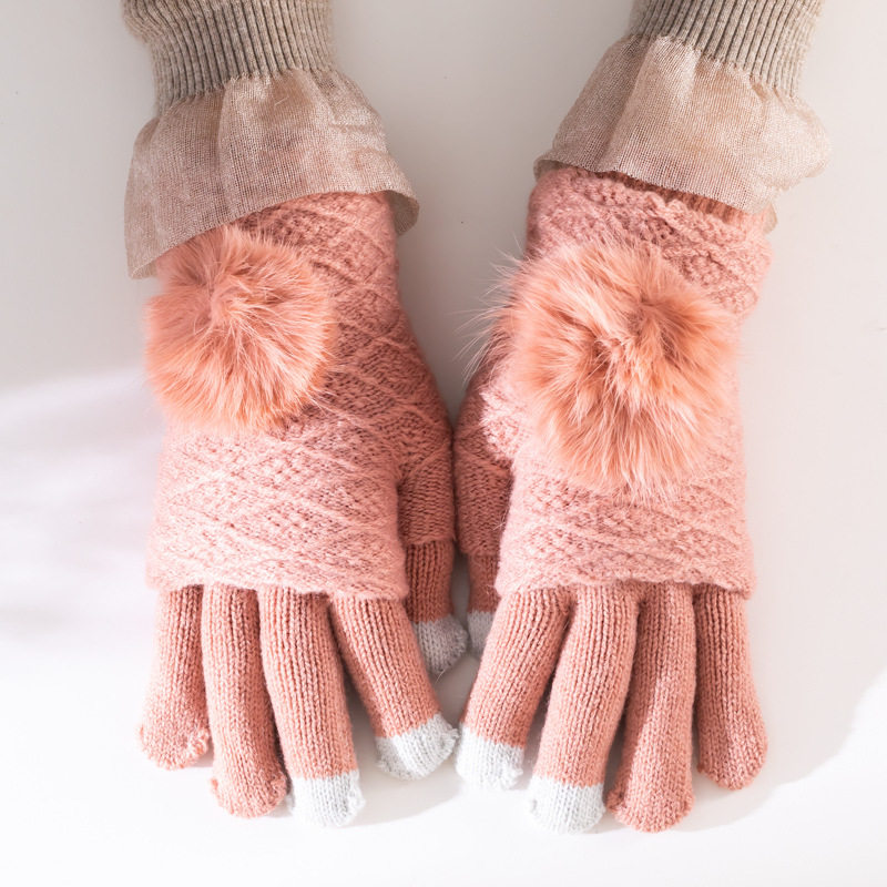 韩版三用触屏手套女秋冬保暖兔毛羊绒真毛球半指连指手套加厚学生