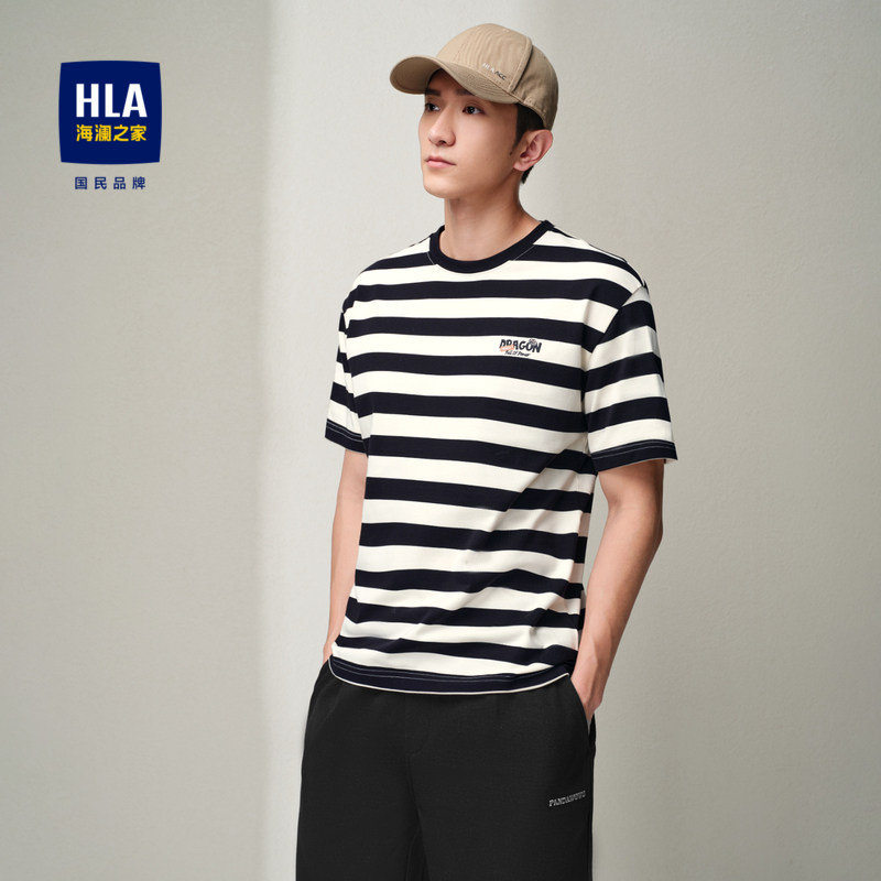 hla/海澜之家2025时尚条纹短袖t恤春夏字母绣花圆领短t男女