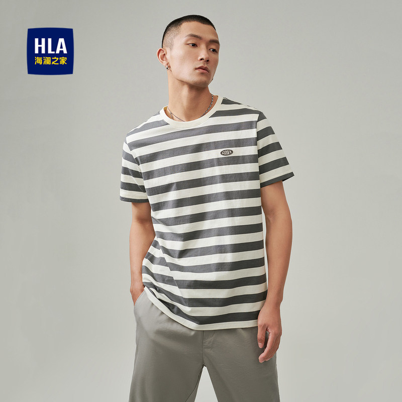 【奥莱】hla/海澜之家纯棉短袖t恤透气条纹休闲短袖上衣男