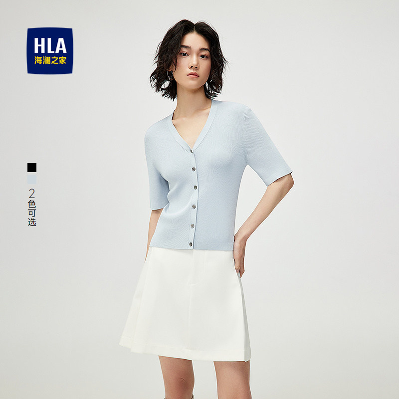 HLA/海澜之家轻薄休闲风短袖针织衫26夏季V领纯色优雅毛衣女装