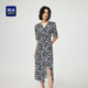 海澜之家经典 满花短袖 连衣裙25夏季 HLA V领耐看交叉门襟裙子女装
