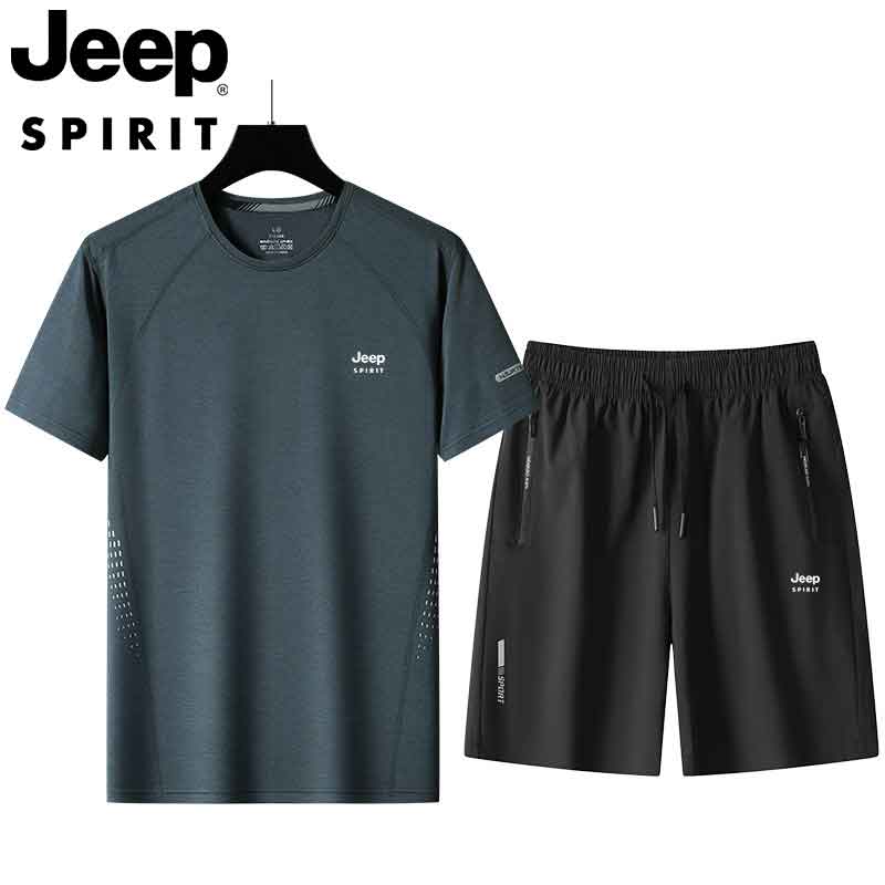 JEEP男士短袖套装2023夏季新款冰丝感圆领弹力透气休闲运动两件套