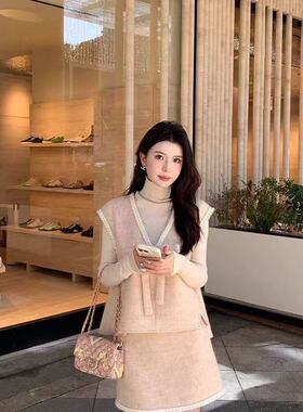 KUN索菲亚温柔系学妹 羊毛亮片针织毛绒少女粉秋冬马甲短裙套装