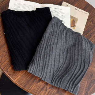100%羊毛圆领短袖 坑条纹优雅外穿内搭2172 打底上衣女波浪纹高级衫