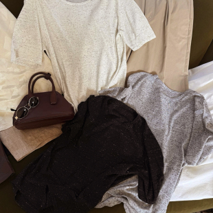 女51484 宽松混色点子纱上衣T恤打底衫 2025年新款 圆领轻薄羊毛短袖