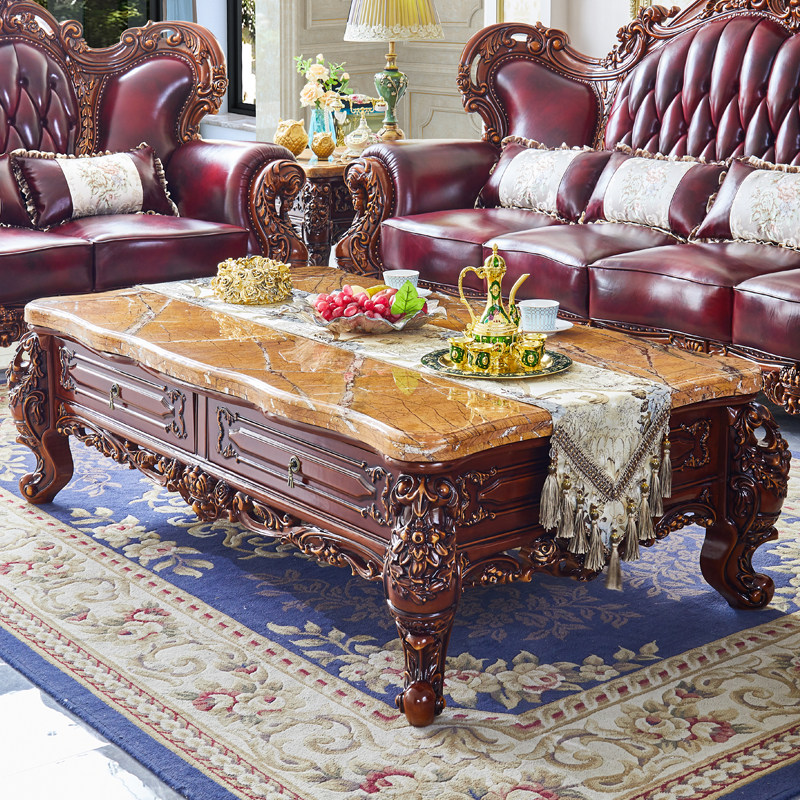 欧式大理石茶几 美式别墅奢华客厅复古茶桌实木雕花储物做旧茶几