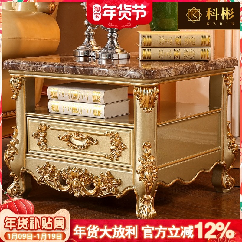欧式角几美式别墅全实木雕花大理石客厅方几香槟金边桌电话几家具