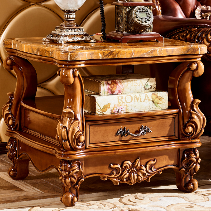 欧式方几 美式实木雕花复古大理石客厅沙发边几角几小茶几电话桌