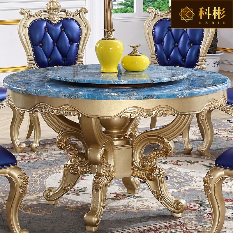 欧式香槟金餐桌美式大理石圆桌带转盘实木雕花豪华圆形酒店饭桌-封面