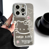 补妆镜面银色猫咪适用iphone15pro苹果16手机壳11简约12pro简笔画13promax自带镜头膜14pro全包防摔女高级感
