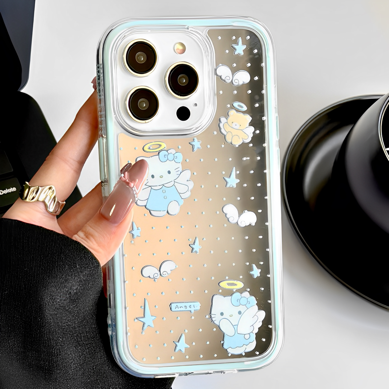 镜面波点天使KT适用iphone16promax手机壳苹果15创意12pro新款13可爱14pro超好看防摔保护套带挂绳少女高级感