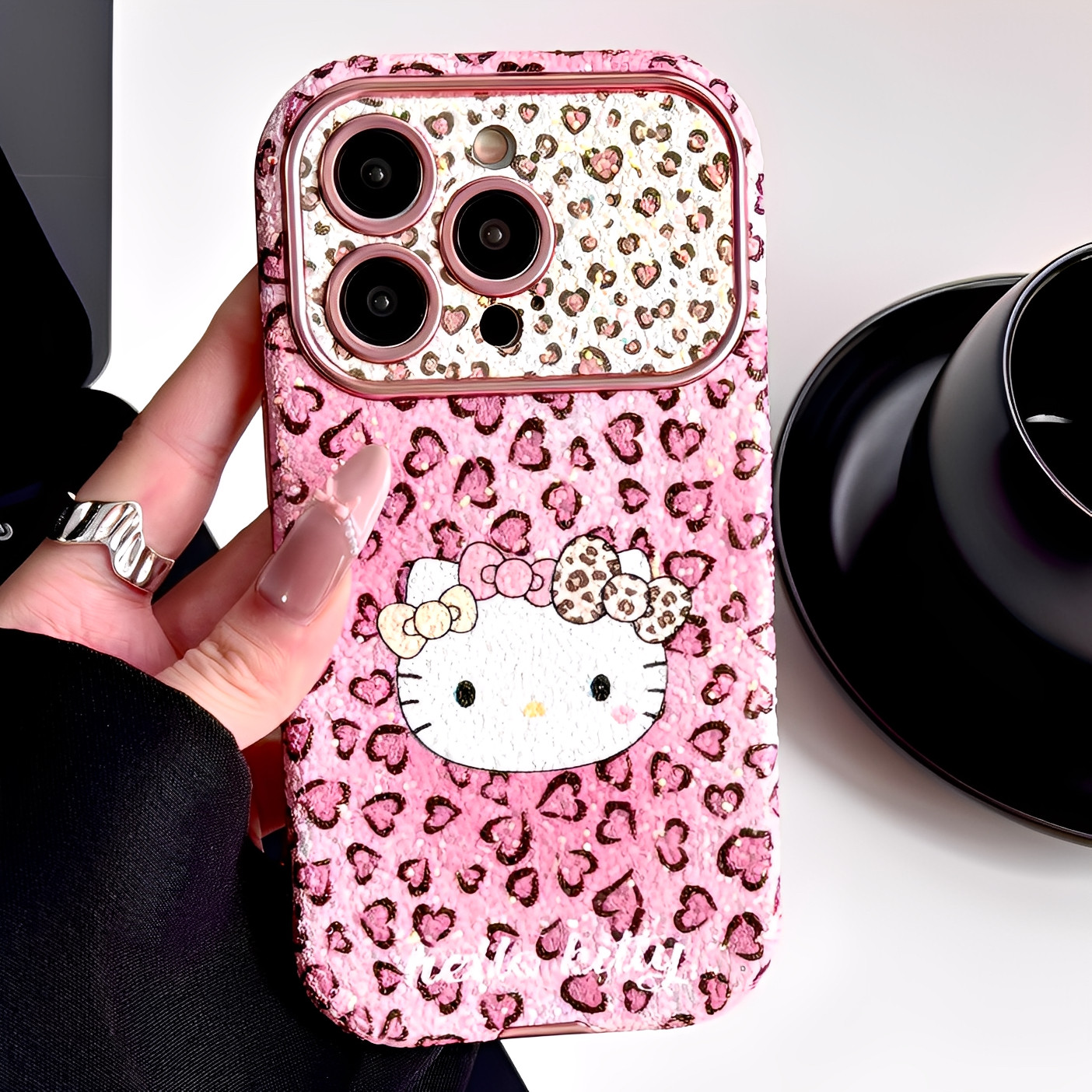 大视窗豹纹爱心KT猫适用iphone17promax苹果16手机壳新款13可爱小众14pro全包镜头防摔保护套带挂绳15pro女款