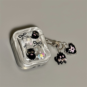 适用Airpods4耳机保护套蝴蝶结小黑猫苹果耳机套AirPods1/2代/pro保护壳电镀带吊坠airpods新3代蓝牙耳机壳女