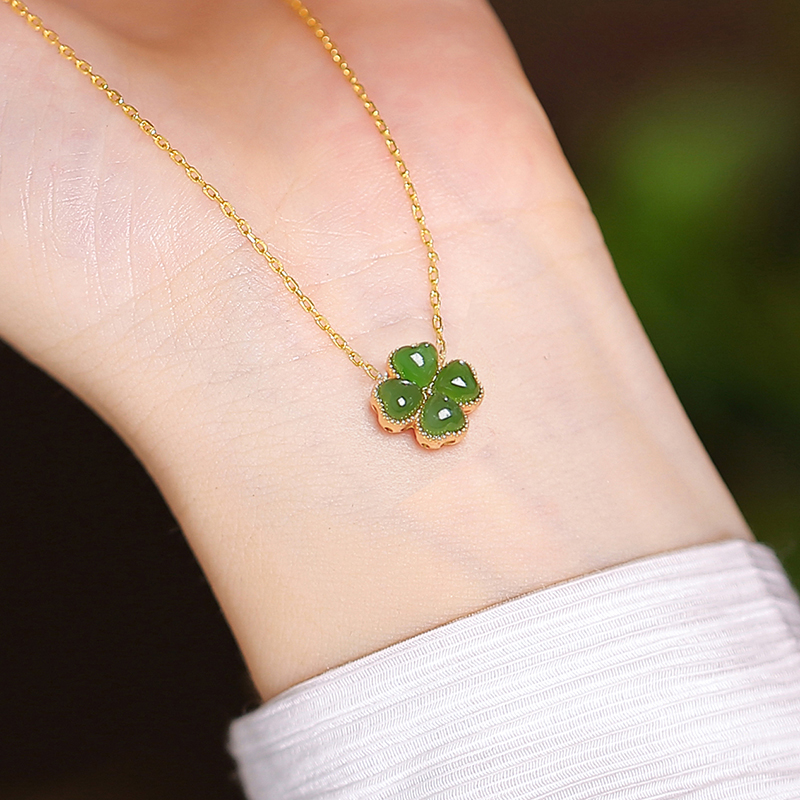 四叶草天然和田玉项链女夏纯银原创锁骨链玉石玉坠白玉碧玉吊坠