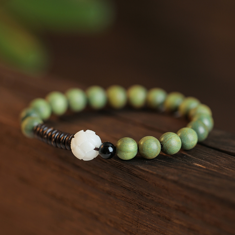 天然绿檀手串男佛珠檀木念珠檀香木绿檀木白玉菩提莲花文玩手链女