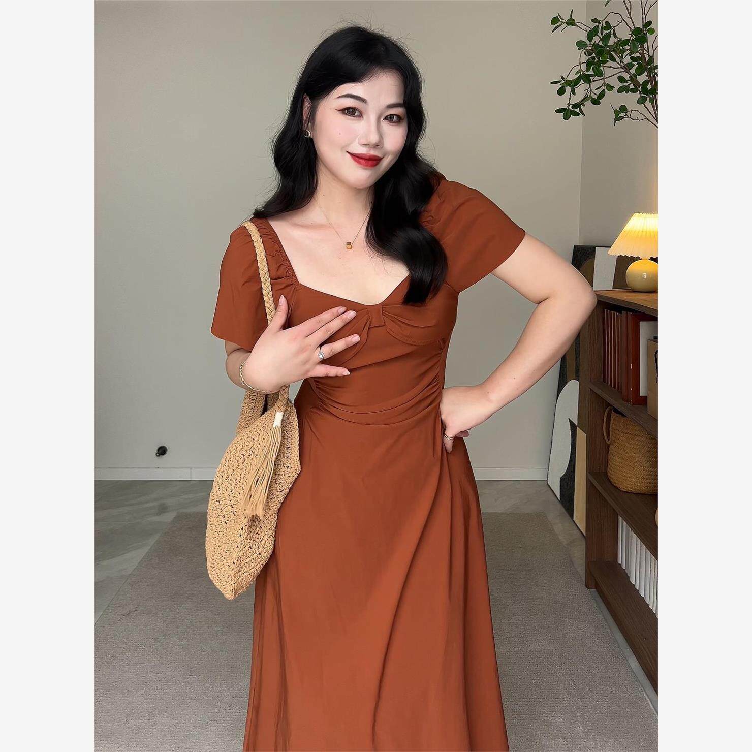 QIU她的国 大码女装赫本风蝴蝶结连衣裙2024年夏季收腰显瘦小黑裙