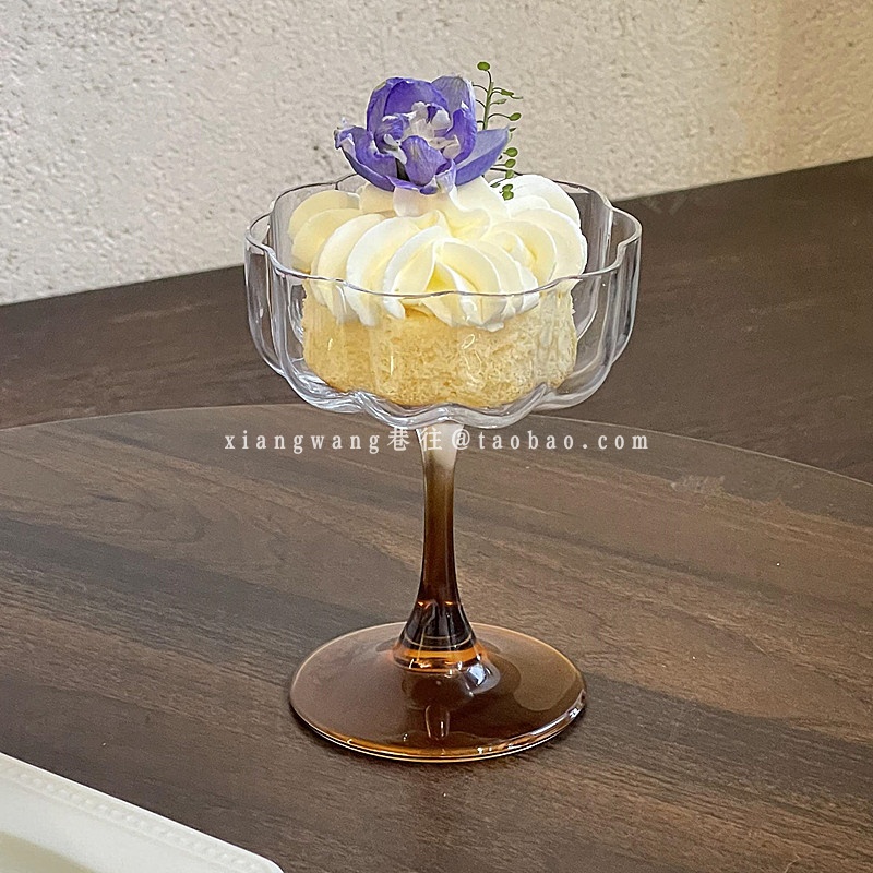法式小众琥珀色花瓣高脚杯ins风高颜值玻璃起泡香槟红酒杯甜品杯