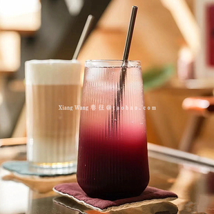 竖条纹耐热玻璃杯果汁杯ins简约风大容量特调苏打水饮品杯饮料杯