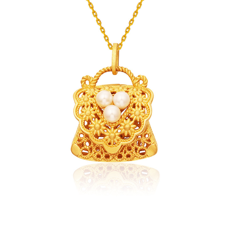 福来岛 黄金吊坠足金999项坠小香包天然珍珠吊坠古法金挂坠女金坠