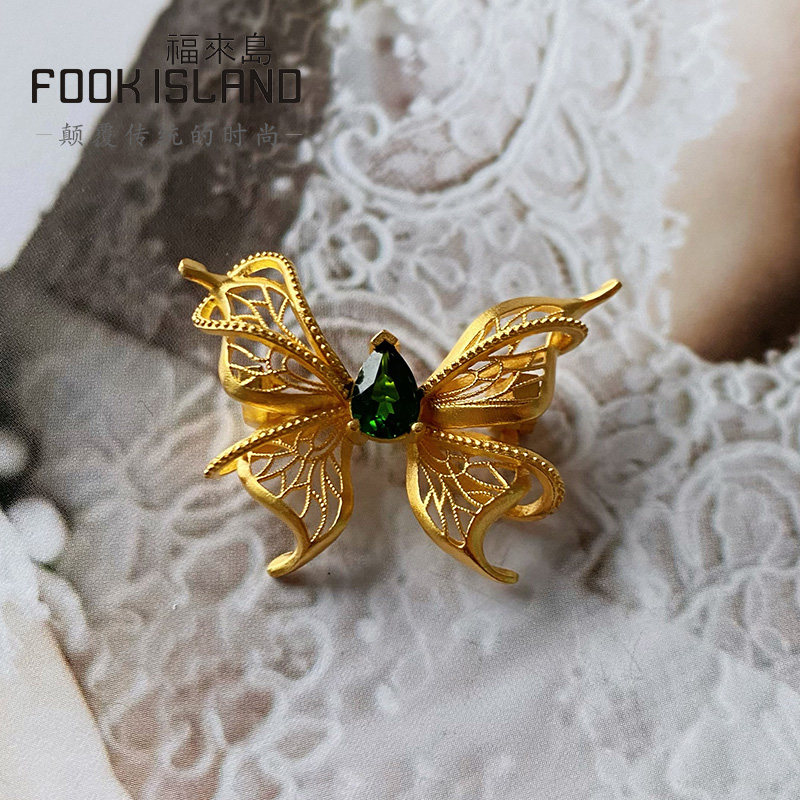 福来岛黄金项链吊坠女足金999复古奢华透辉石蝴蝶胸针古法金首饰